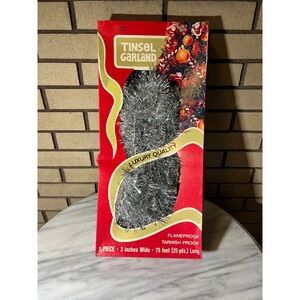 VTG AIM Tinsel Garland Silver Flameproof Tarnish Proof 75 ft Long 3 In Wide NEW
